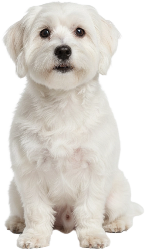 Coton de Tuléar assis de face, pelage blanc, détouré sur fond transparent